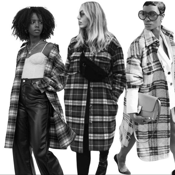 H&M Shacket Long Shirt Jacket Black and White Plaid Bloggers Favorite SMALL BNWT - Picture 3 of 9